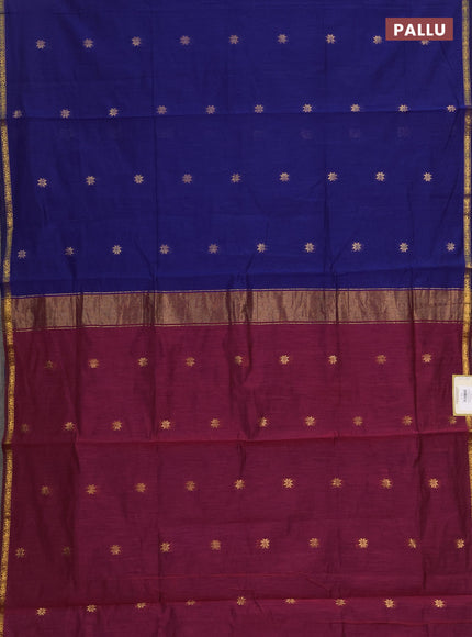Semi maheswari cotton saree dark magenta pink and blue with allover zari woven buttas and small zari woven border