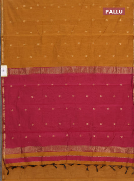 Semi maheswari cotton saree dark mustard and magenta pink with allover copper zari woven buttas and small copper zari woven border