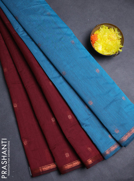 Semi maheswari cotton saree deep maroon and blue with allover copper zari woven buttas and small copper zari woven border