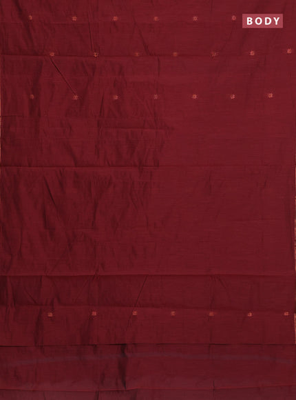 Semi maheswari cotton saree deep maroon and blue with allover copper zari woven buttas and small copper zari woven border