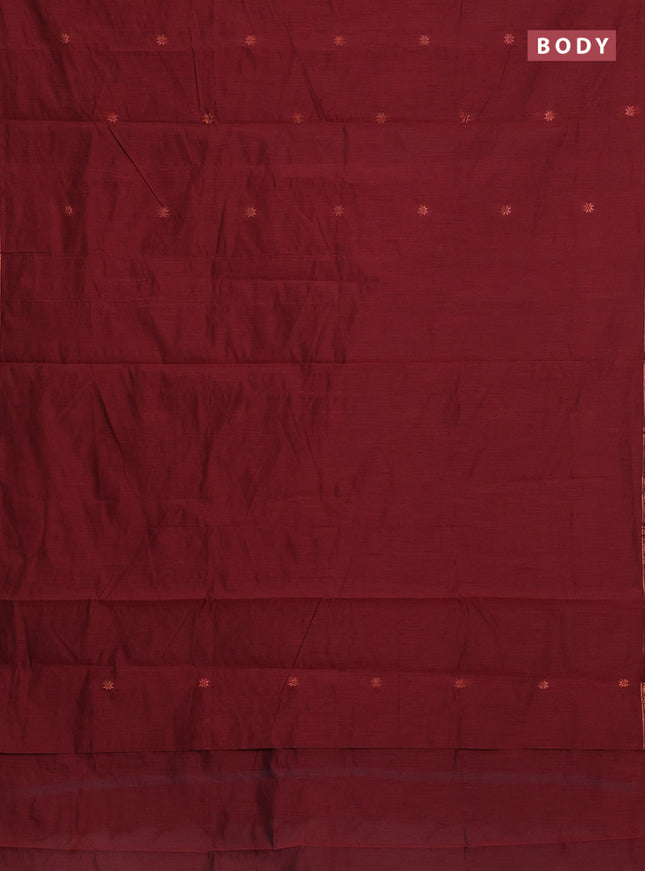 Semi maheswari cotton saree deep maroon and blue with allover copper zari woven buttas and small copper zari woven border