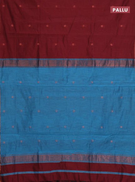 Semi maheswari cotton saree deep maroon and blue with allover copper zari woven buttas and small copper zari woven border