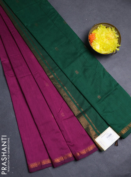 Semi maheswari cotton saree magenta pink and bottle with allover copper zari woven buttas and small copper zari woven border