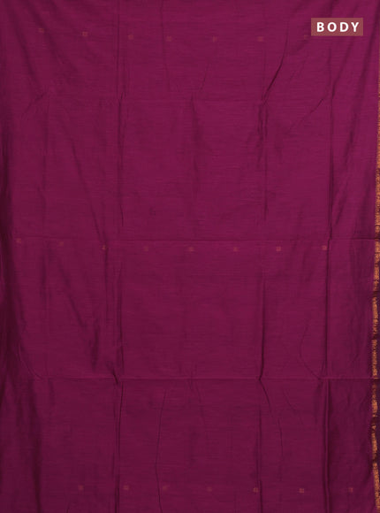 Semi maheswari cotton saree magenta pink and bottle with allover copper zari woven buttas and small copper zari woven border