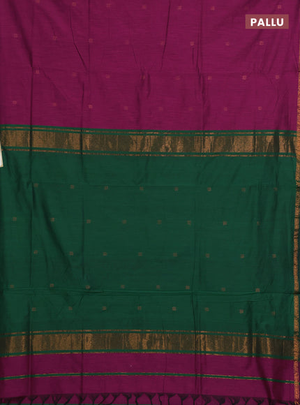 Semi maheswari cotton saree magenta pink and bottle with allover copper zari woven buttas and small copper zari woven border