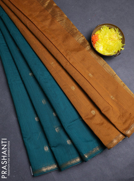 Semi maheswari cotton saree peacock green and dark mustard with allover zari woven buttas and small zari woven border