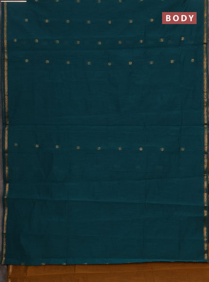 Semi maheswari cotton saree peacock green and dark mustard with allover zari woven buttas and small zari woven border