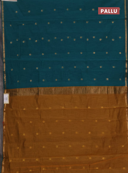 Semi maheswari cotton saree peacock green and dark mustard with allover zari woven buttas and small zari woven border
