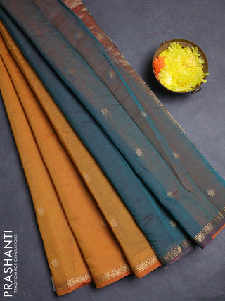 Semi maheswari cotton saree sunset orange and green with zari woven buttas and small zari woven border