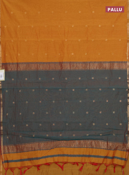 Semi maheswari cotton saree sunset orange and green with zari woven buttas and small zari woven border