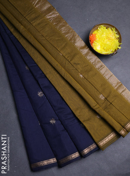 Semi maheswari cotton saree navy blue and mehendi green with zari woven buttas and small zari woven border