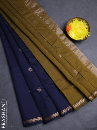 Semi maheswari cotton saree navy blue and mehendi green with zari woven buttas and small zari woven border