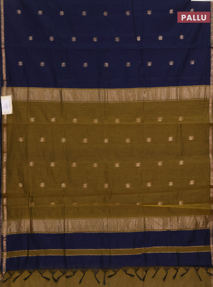 Semi maheswari cotton saree navy blue and mehendi green with zari woven buttas and small zari woven border