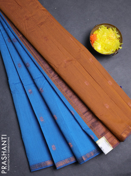 Semi maheswari cotton saree blue and dark mustard with copper zari woven buttas and small copper zari woven border