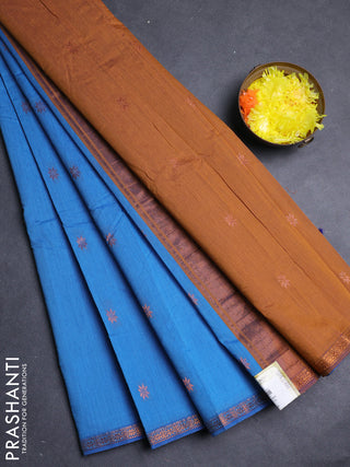 Semi maheswari cotton saree blue and dark mustard with copper zari woven buttas and small copper zari woven border