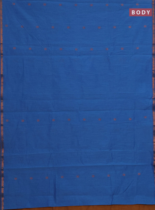 Semi maheswari cotton saree blue and dark mustard with copper zari woven buttas and small copper zari woven border