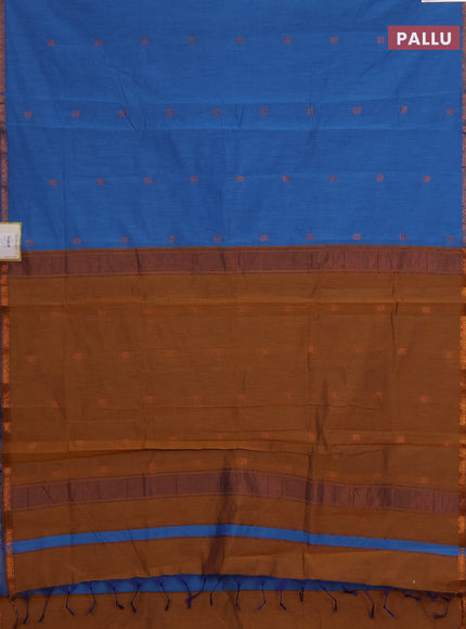 Semi maheswari cotton saree blue and dark mustard with copper zari woven buttas and small copper zari woven border