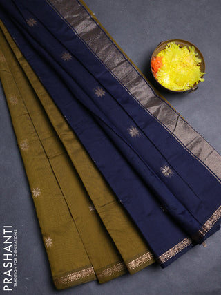 Semi maheswari cotton saree mehendi green and navy blue with zari woven buttas and small zari woven border