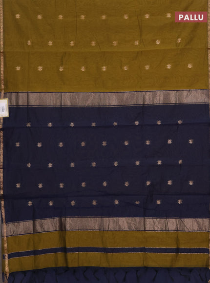 Semi maheswari cotton saree mehendi green and navy blue with zari woven buttas and small zari woven border