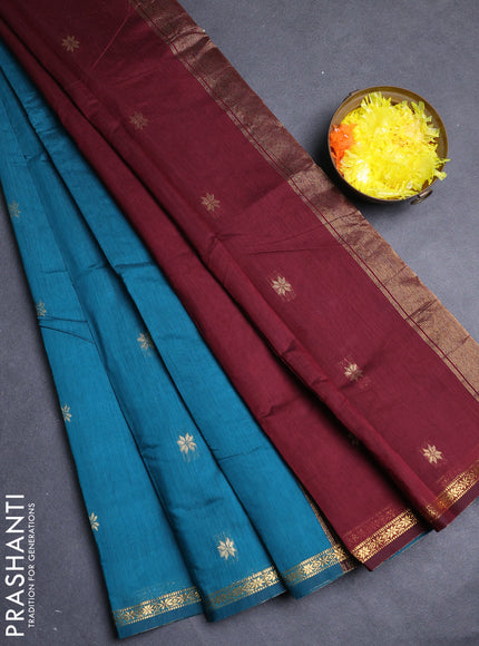 Semi maheswari cotton saree peacock green and deep maroon with zari woven buttas and small zari woven border