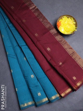 Semi maheswari cotton saree peacock green and deep maroon with zari woven buttas and small zari woven border