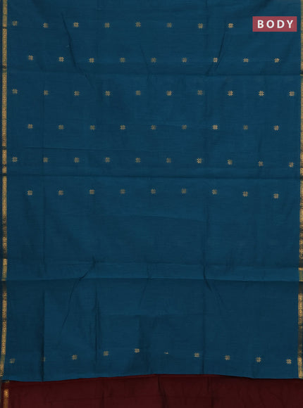 Semi maheswari cotton saree peacock green and deep maroon with zari woven buttas and small zari woven border