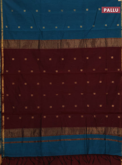 Semi maheswari cotton saree peacock green and deep maroon with zari woven buttas and small zari woven border