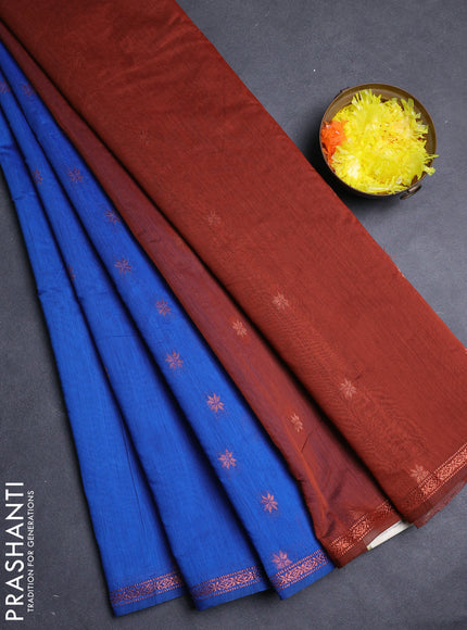 Semi maheswari cotton saree blue and rust shade with copper zari woven buttas and small copper zari woven border