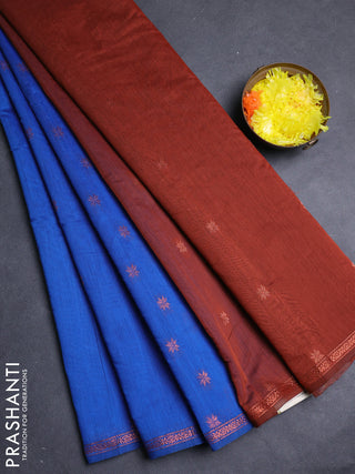 Semi maheswari cotton saree blue and rust shade with copper zari woven buttas and small copper zari woven border