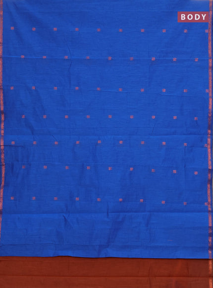 Semi maheswari cotton saree blue and rust shade with copper zari woven buttas and small copper zari woven border