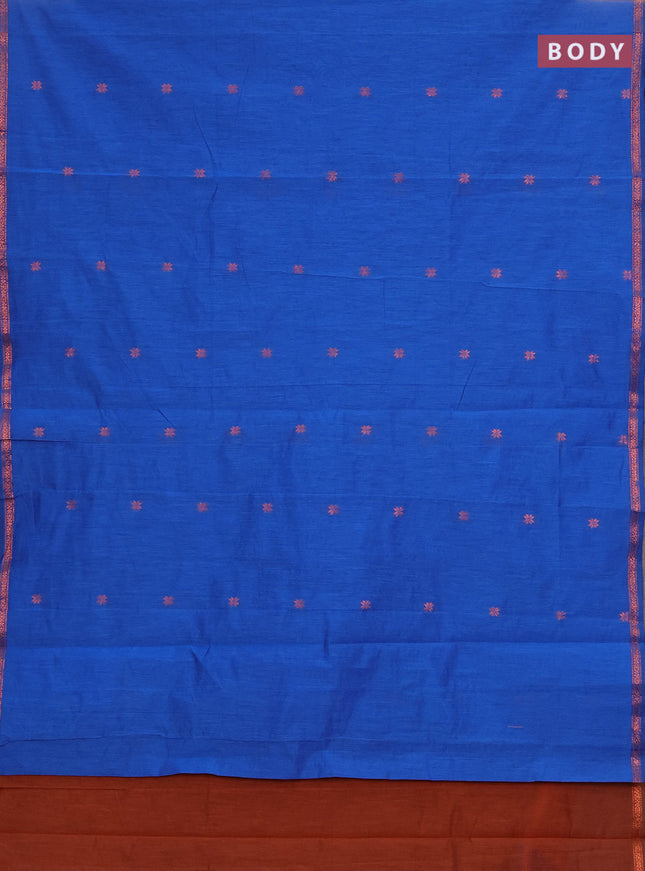 Semi maheswari cotton saree blue and rust shade with copper zari woven buttas and small copper zari woven border