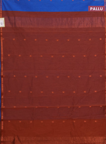 Semi maheswari cotton saree blue and rust shade with copper zari woven buttas and small copper zari woven border
