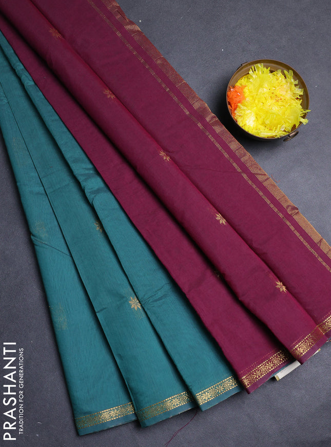 Semi maheswari cotton saree green and wine shade with zari woven buttas and small zari woven border