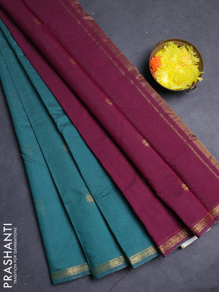 Semi maheswari cotton saree green and wine shade with zari woven buttas and small zari woven border
