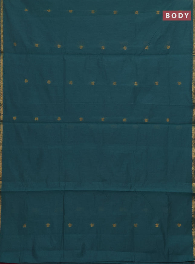 Semi maheswari cotton saree green and wine shade with zari woven buttas and small zari woven border