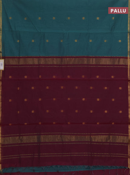 Semi maheswari cotton saree green and wine shade with zari woven buttas and small zari woven border