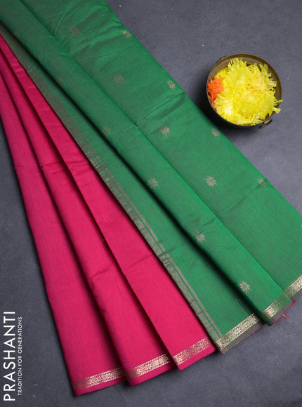 Semi maheswari cotton saree candy pink and green with zari woven buttas and small zari woven border