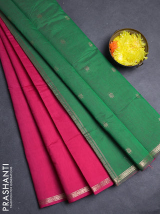 Semi maheswari cotton saree candy pink and green with zari woven buttas and small zari woven border