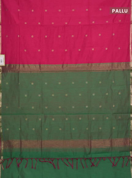 Semi maheswari cotton saree candy pink and green with zari woven buttas and small zari woven border