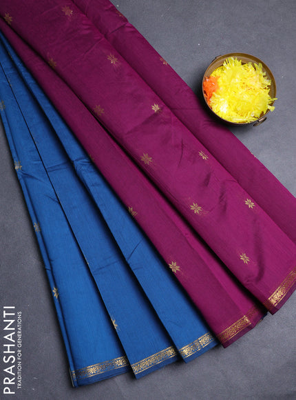 Semi maheswari cotton saree peacock blue and magenta pink with zari woven buttas and small zari woven border