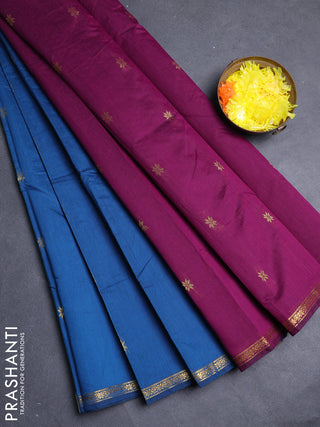 Semi maheswari cotton saree peacock blue and magenta pink with zari woven buttas and small zari woven border