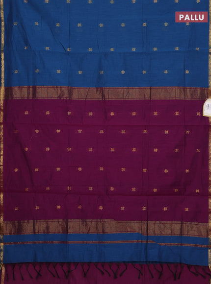 Semi maheswari cotton saree peacock blue and magenta pink with zari woven buttas and small zari woven border