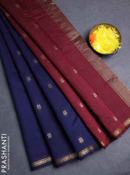 Semi maheswari cotton saree deep maroon and navy blue with zari woven buttas and small zari woven border