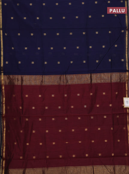 Semi maheswari cotton saree deep maroon and navy blue with zari woven buttas and small zari woven border