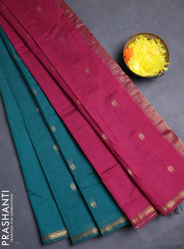 Semi maheswari cotton saree peacock green and magenta pink with zari woven buttas and small zari woven border