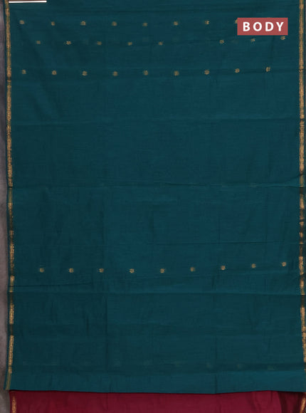 Semi maheswari cotton saree peacock green and magenta pink with zari woven buttas and small zari woven border