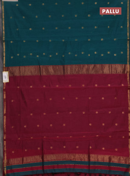 Semi maheswari cotton saree peacock green and magenta pink with zari woven buttas and small zari woven border