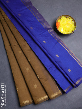 Semi maheswari cotton saree mehendi green and blue with zari woven buttas and small zari woven border