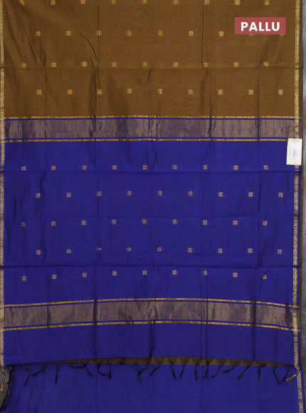 Semi maheswari cotton saree mehendi green and blue with zari woven buttas and small zari woven border