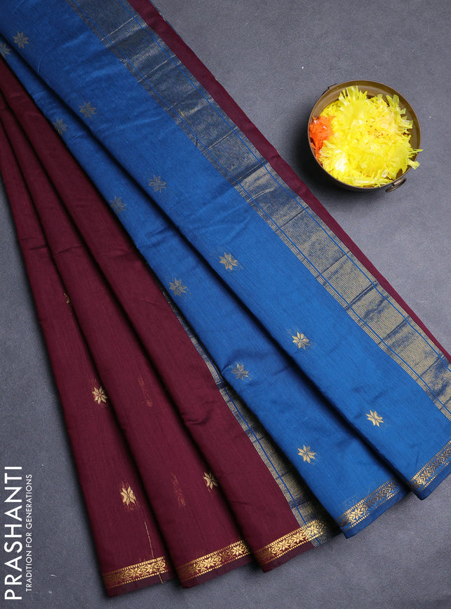 Semi maheswari cotton saree deep maroon and peacock blue with zari woven buttas and small zari woven border